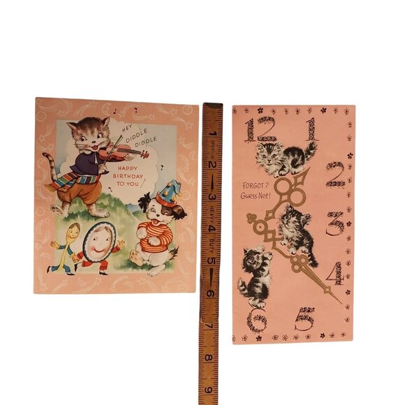 Vintage Birthday Cards Hey Diddle Diddle & Kittens On A Clock Lot of 2 Ephemera - Picture 7 of 7